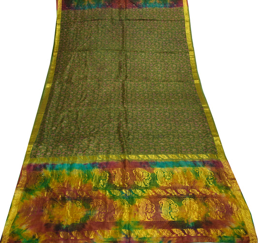 Sushila Vintage Green Scrap Saree 100% Pure Silk Printed Floral Sari Fabric