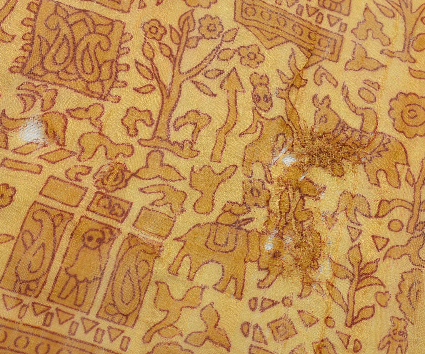 Sushila Vintage Yellow Scrap Saree 100% Pure Silk Printed Sari Craft 5 YD Fabric