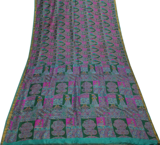Sushila Vintage Indian Scrap Saree 100% Pure Silk Printed Humans Sari Fabric
