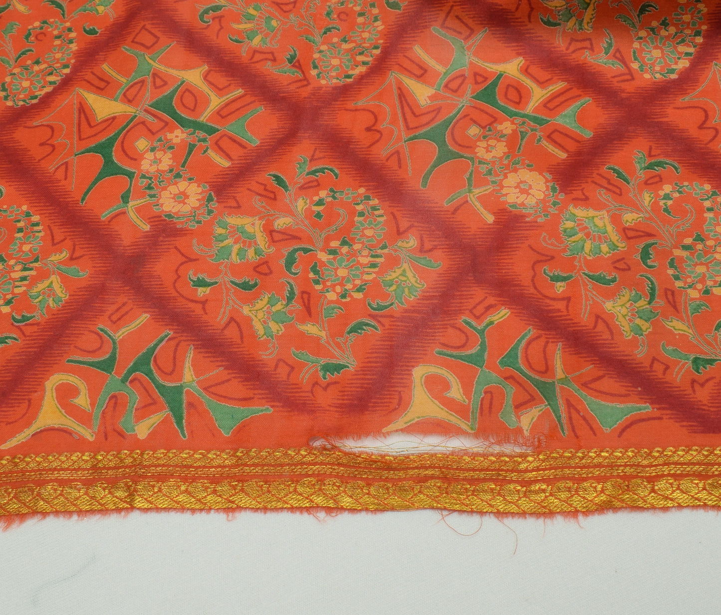 Sushila Vintage Orange Scrap Saree 100% Pure Silk Printed Floral Sari Fabric