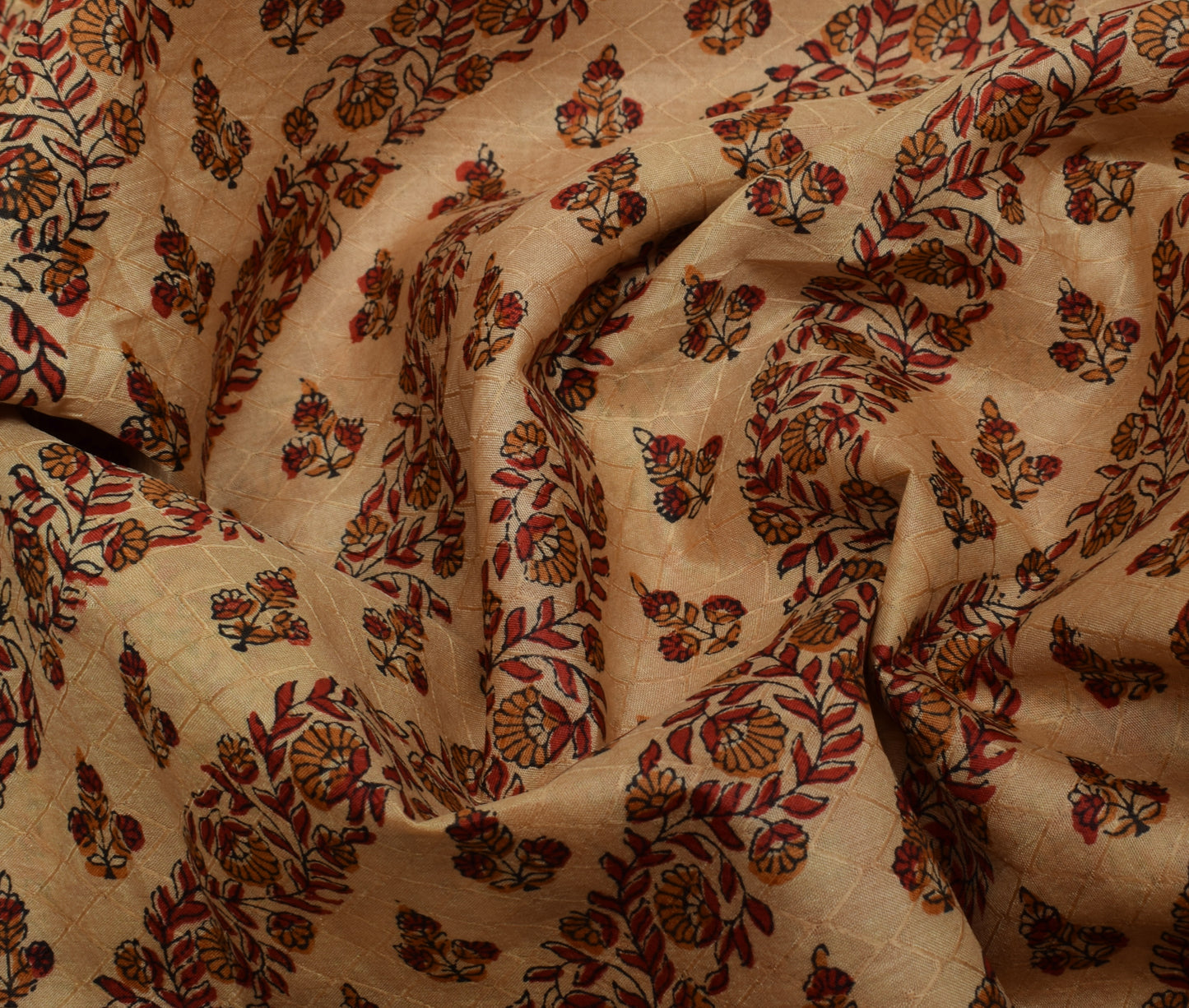 Sushila Vintage Light Brown Scrap Saree Pure Silk Printed Floral Sari Fabric