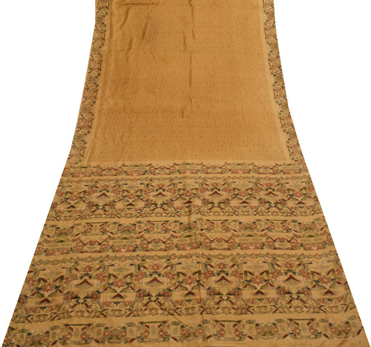 Sushila Vintage Brown Scrap Saree 100% Pure Silk Printed Floral Sari Fabric