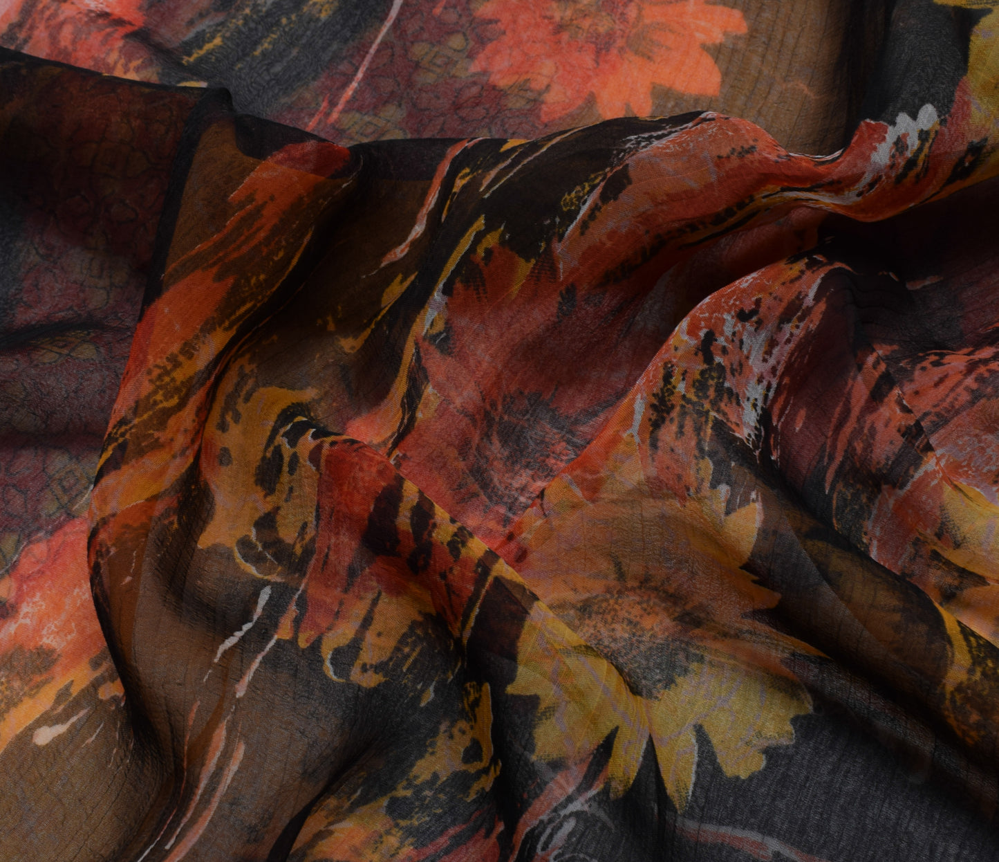 Sushila Vintage Black Scrap Saree Blend Chiffon Silk Printed Floral Sari Fabric