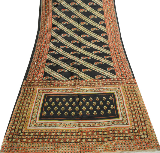 Sushila Vintage Black Scrap Saree 100% Pure Silk Printed Pailsey Sari Fabric