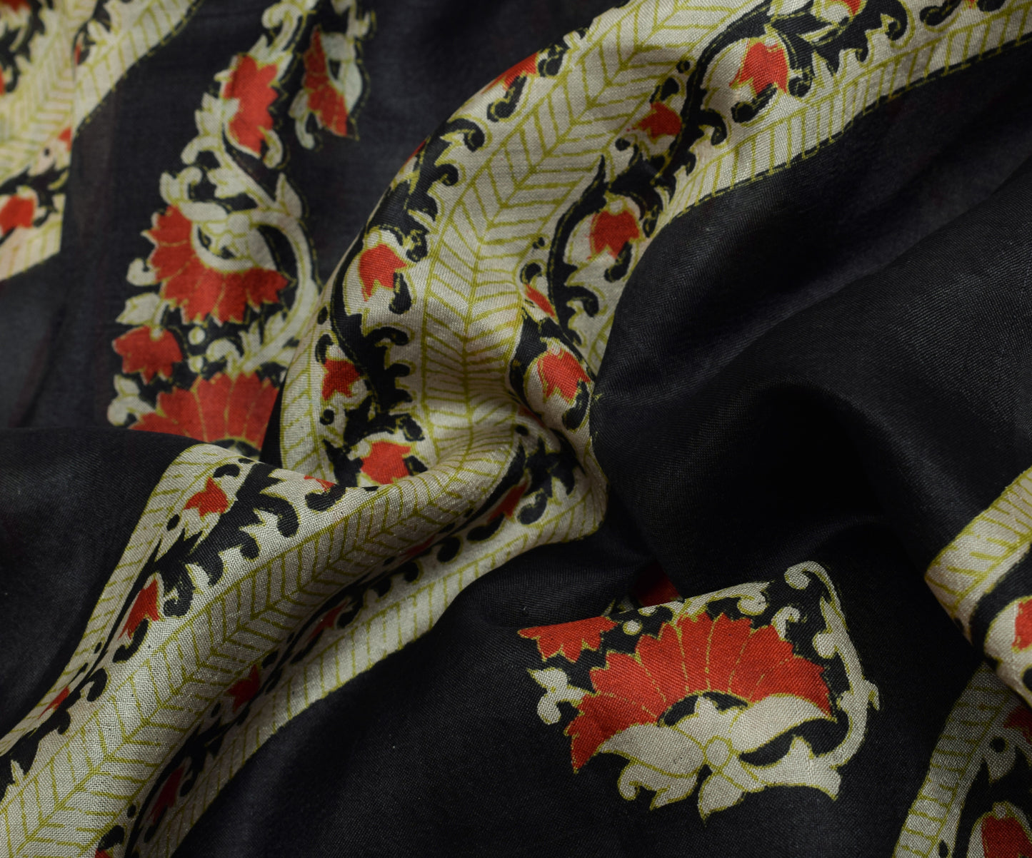Sushila Vintage Black Scrap Saree 100% Pure Silk Printed Pailsey Sari Fabric