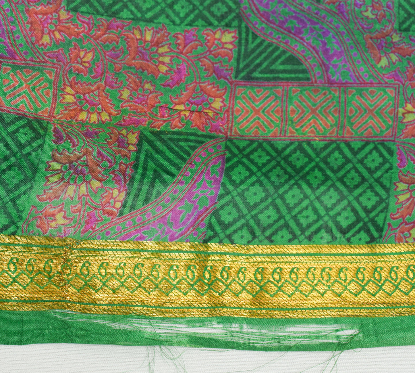 Sushila Vintage Green Scrap Saree 100%Pure Silk Printed Floral Sari Craft Fabric