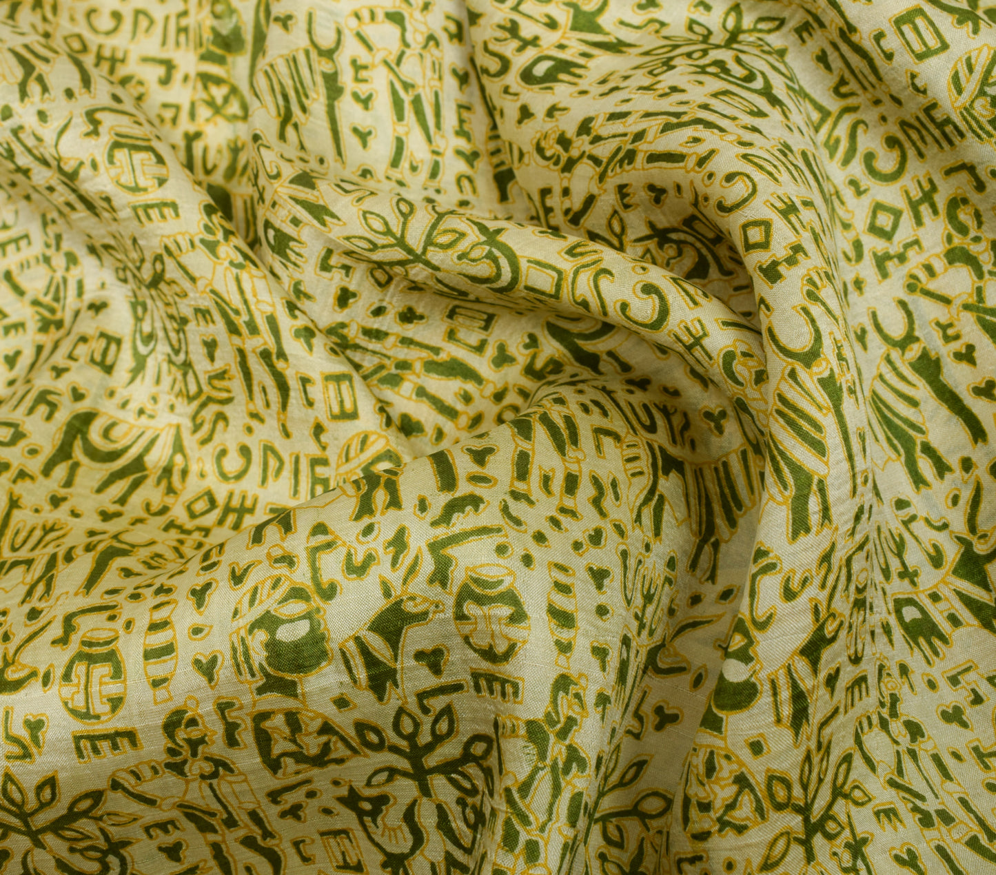 Sushila Vintage Cream Scrap Saree 100% Pure Silk Printed Animals Sari Fabric