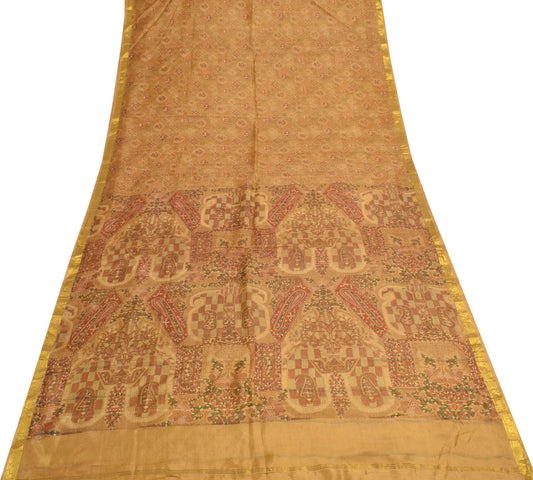 Sushila Vintage Brown Scrap Saree 100%Pure Silk Printed Floral Sari Craft Fabric