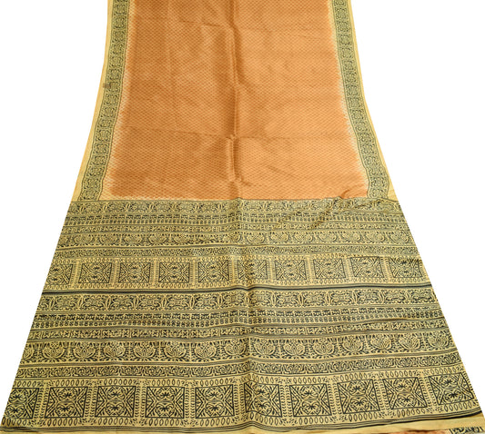 Sushila Vintage Brown Scrap Saree 100% Pure Silk Printed Sari 5 YD Craft Fabric