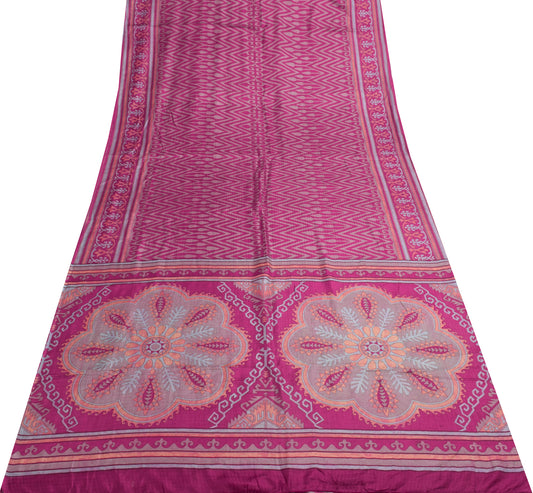 Sushila Vintage Magenta Scrap Saree 100% Pure Silk Printed Zig-Zag Sari Fabric