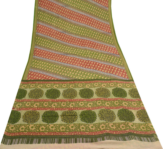 Sushila Vintage Green Scrap Saree 100% Pure Cotton Printed Floral Sari Fabric