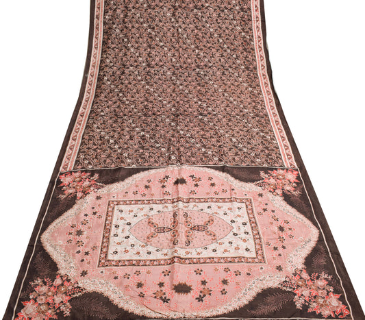 Sushila Vintage Dark Brown Scrap Saree 100% Pure Silk Printed Floral Sari Fabric