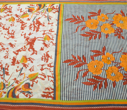 Sushila Vintage White Scrap Saree 100% Pure Cotton Printed Sari 5YD Craft Fabric