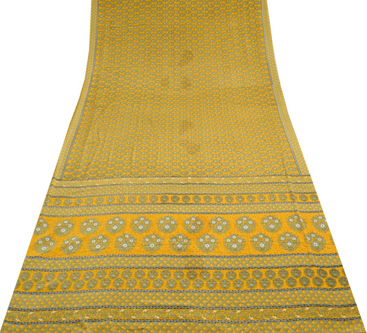 Sushila Vintage Mustard Scrap Saree Blend Crepe Silk Printed Flroal Sari Fabric