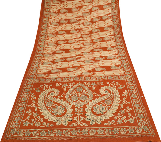 Sushila Vintage Rust Scrap Saree Blend Crepe Silk Printed Paisley Sari Fabric