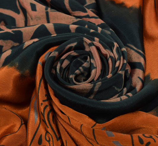 Sushila Vintage Rust Scrap Saree Blend Crepe Silk Printed Sari Craft Fabric
