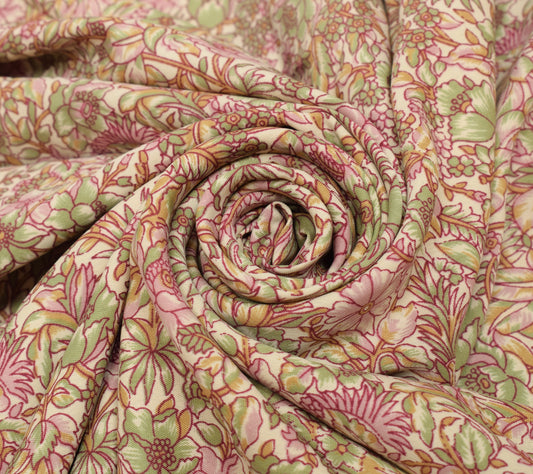 Sushila Vintage Cream Scrap Saree Blend Silk Printed Floral Sari Craft Fabric