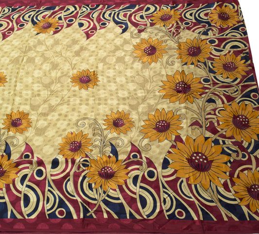 Sushila Vintage Cream Scrap Saree Blend Crepe Silk Printed Floral Sari Fabric