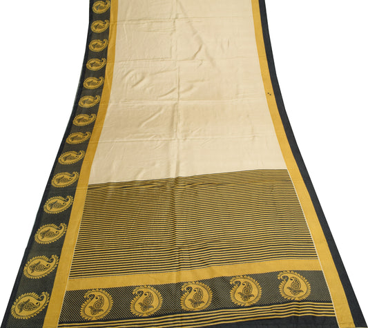 Sushila Vintage Cream Scrap Saree Blend Silk Printed Soft Sari Craft Fabric