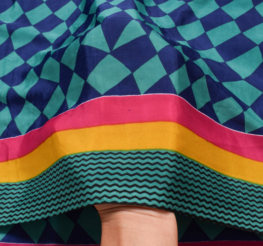 Sushila Vintage Blue Scrap Saree Crepe Silk Printed Checks Soft Sari Fabric