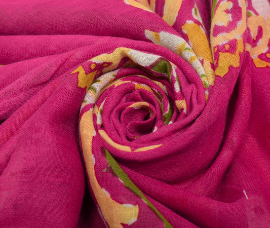 Sushila Vintage Magenta Scrap Saree 100% Pure Cotton Printed Floral Sari Fabric