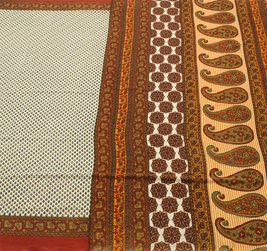 Sushila Vintage White Scrap Saree Crepe Silk Printed Floral Sari Dress Fabric