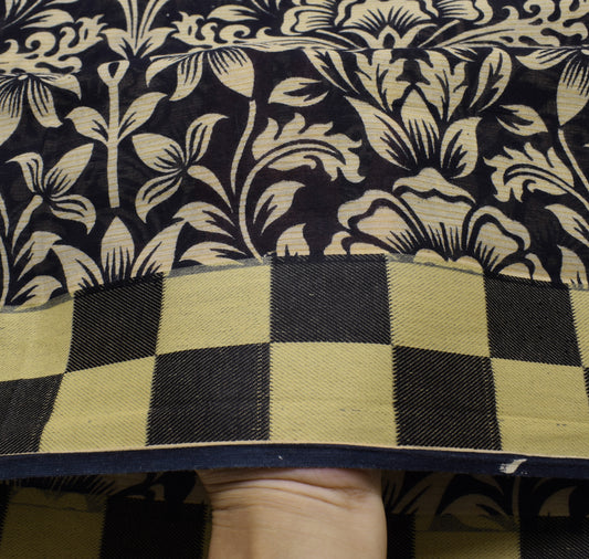 Sushila Vintage Black Scrap Saree 100% Pure Cotton Printed Floral Sari Fabric