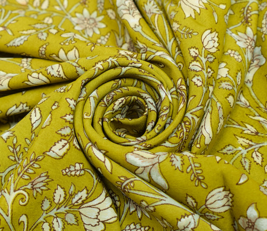 Sushila Vintage Green Scrap Saree Blend Crepe Silk Printed Floral Sari Fabric
