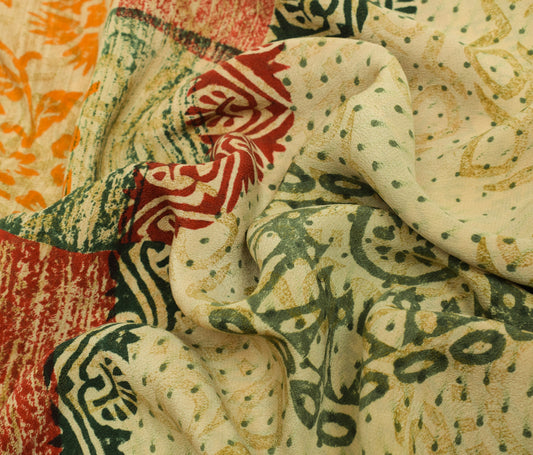 Sushila Vintage Multi-Color Scrap Saree 100% Pure Crepe Silk Printed Sari Fabric