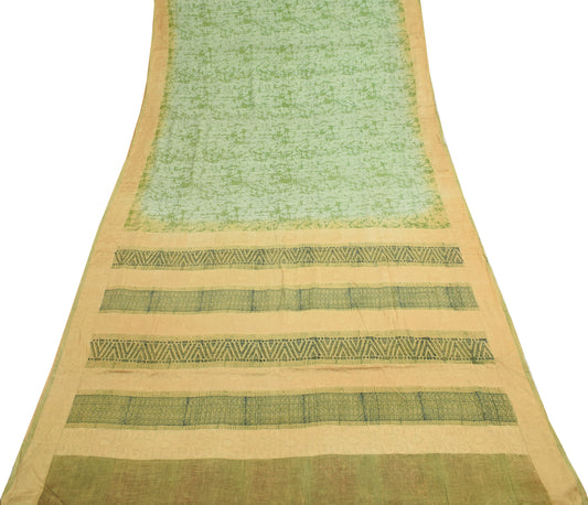 Sushila Vintage Green Scrap Saree 100%Pure Chiffon Silk Printed Soft Sari Fabric