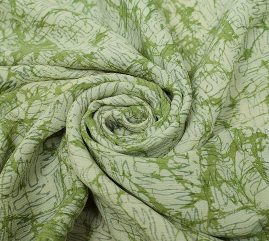 Sushila Vintage Green Scrap Saree 100%Pure Chiffon Silk Printed Soft Sari Fabric