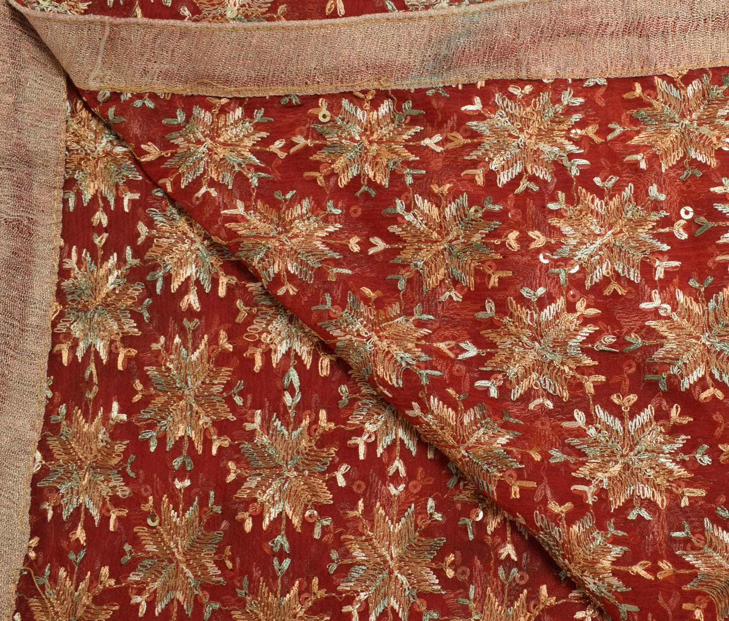 Sushila Vintage Maroon Scrap Chiffon Dupatta Phulkari Embroidered Long Stole