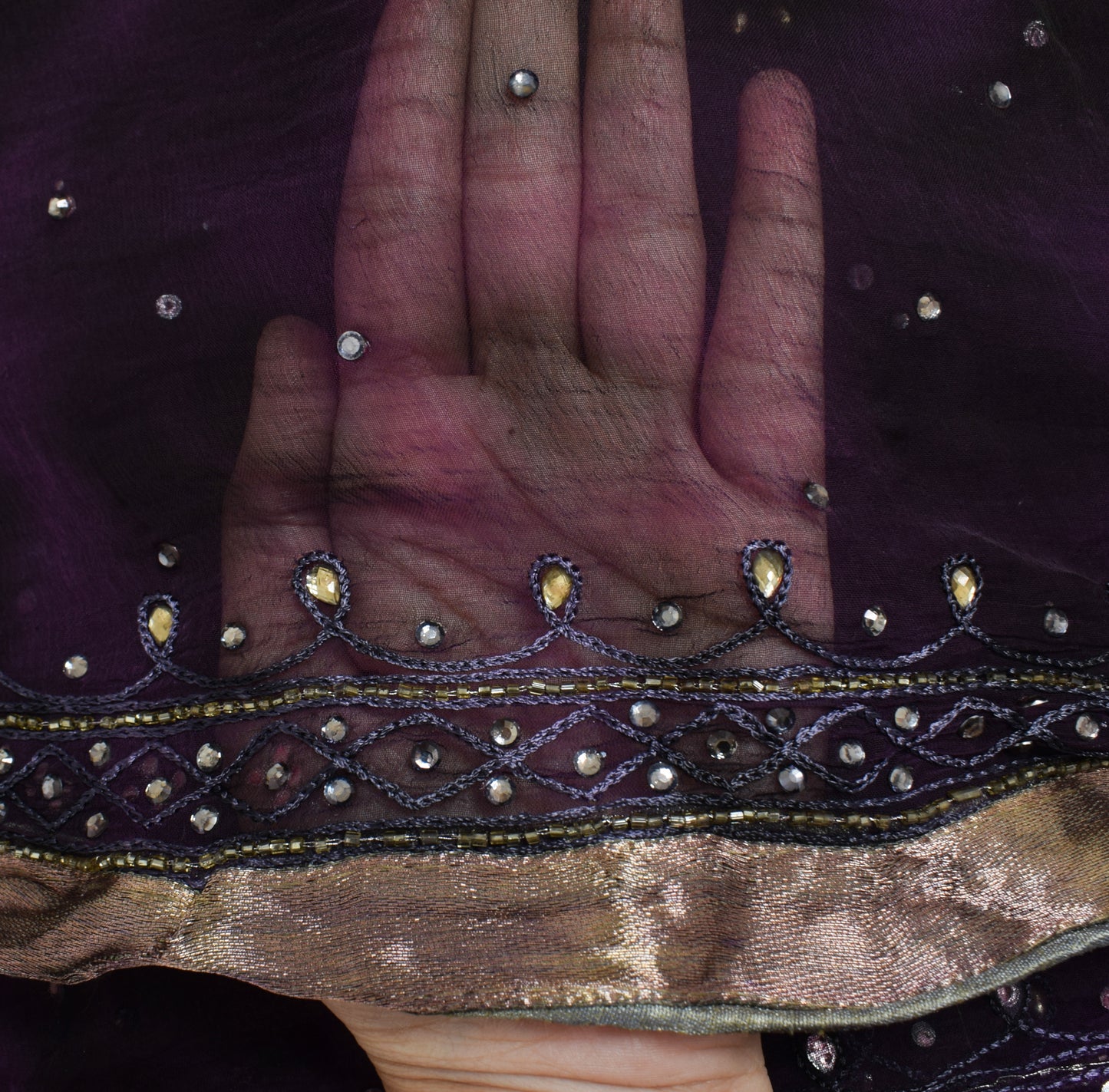 Sushila Vintage Purple  Scrap Dupatta Pure Chiffon Hand Beaded Floral Long Stole