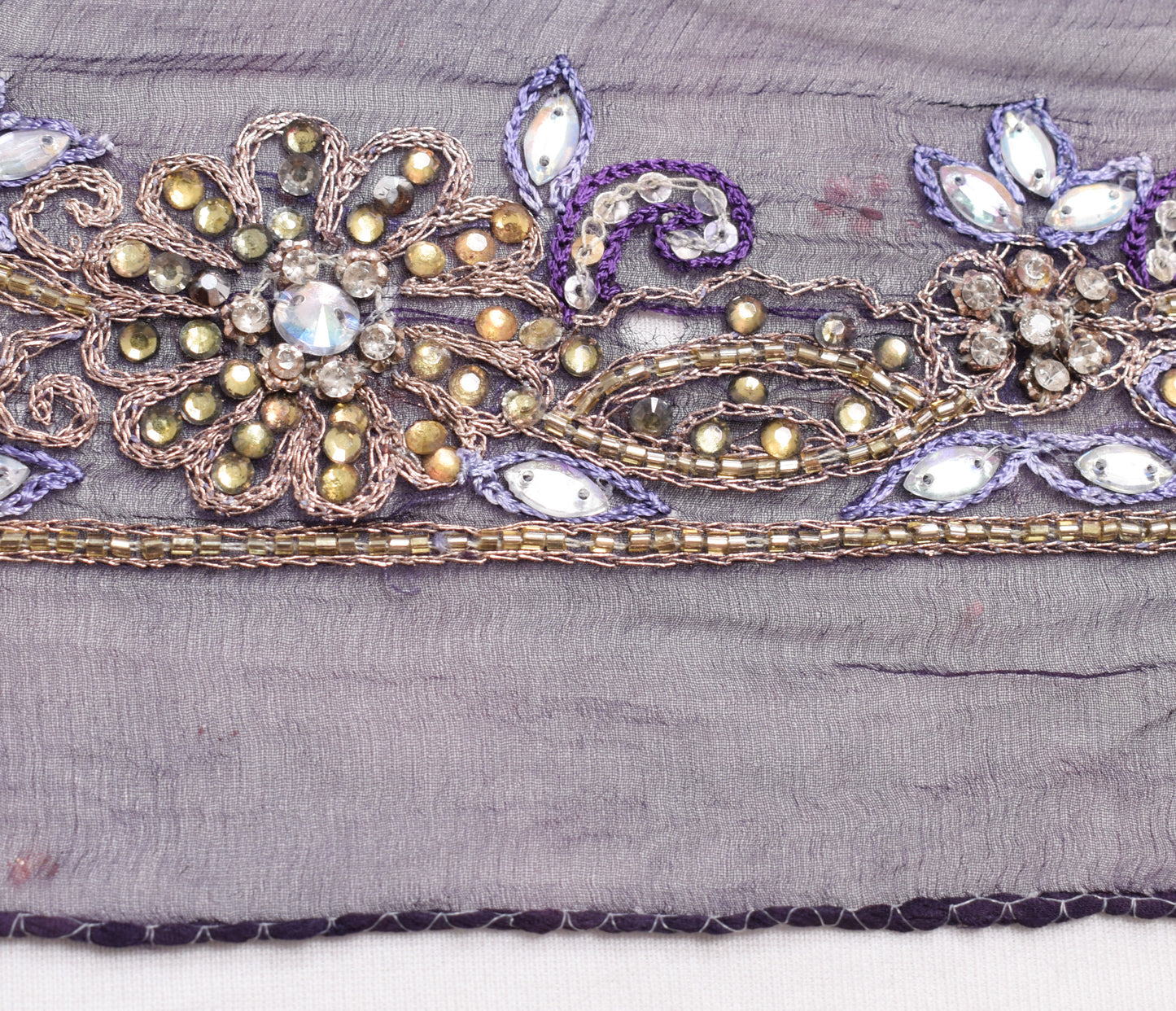 Sushila Vintage Purple Scrap Dupatta Chiffon Silk Hand Beaded Floral Long Stole