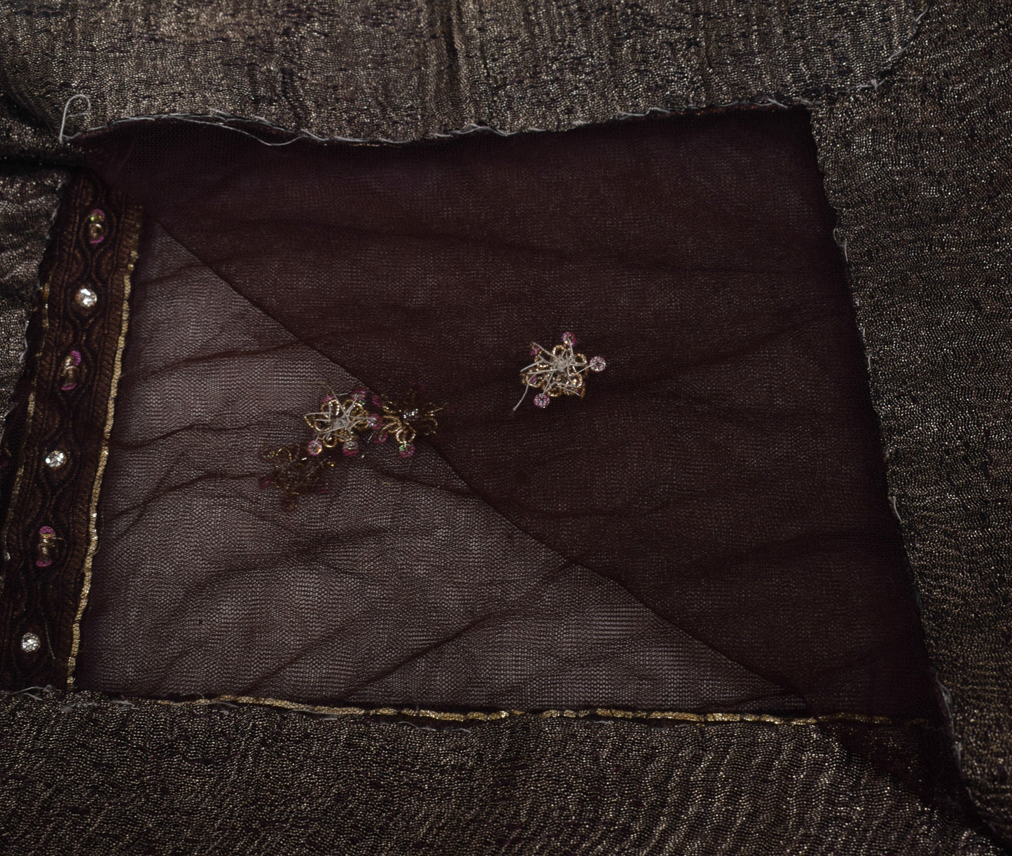 Sushila Vintage Brown Scrap Dupatta  Net Mesh Hand Beaded Floral Long Stole Veil