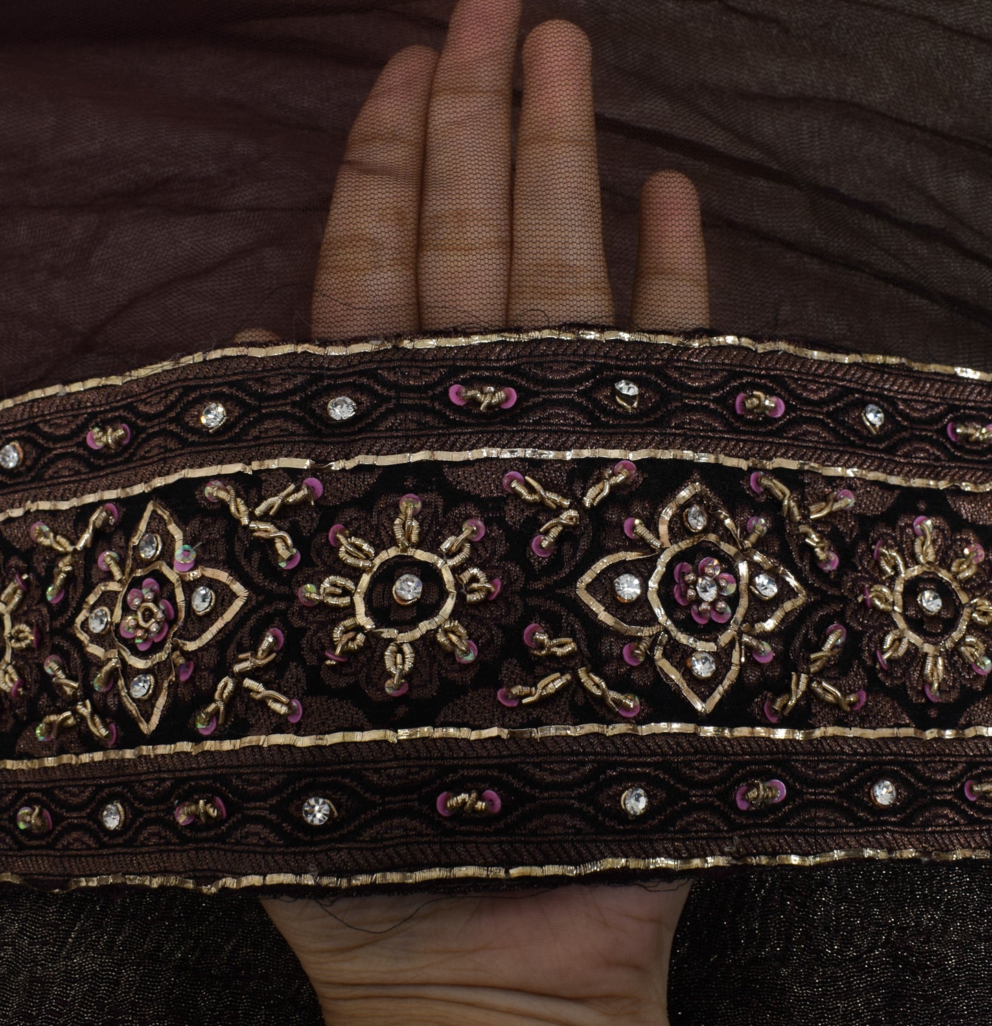 Sushila Vintage Brown Scrap Dupatta  Net Mesh Hand Beaded Floral Long Stole Veil