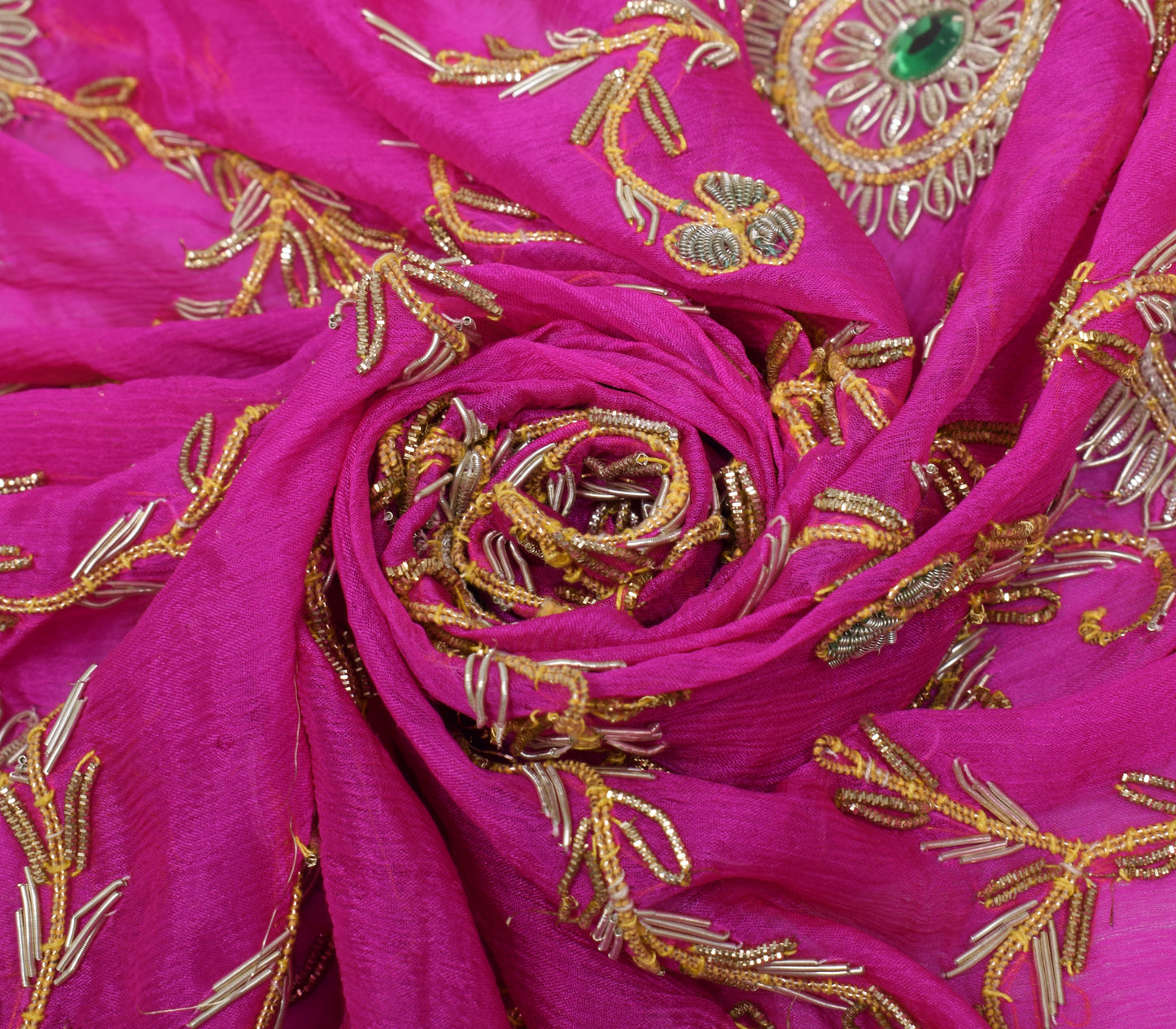 Sushila Vintage Fuchsia Pink Scrap Dupatta Chiffon Silk Hand Beaded Long Stole