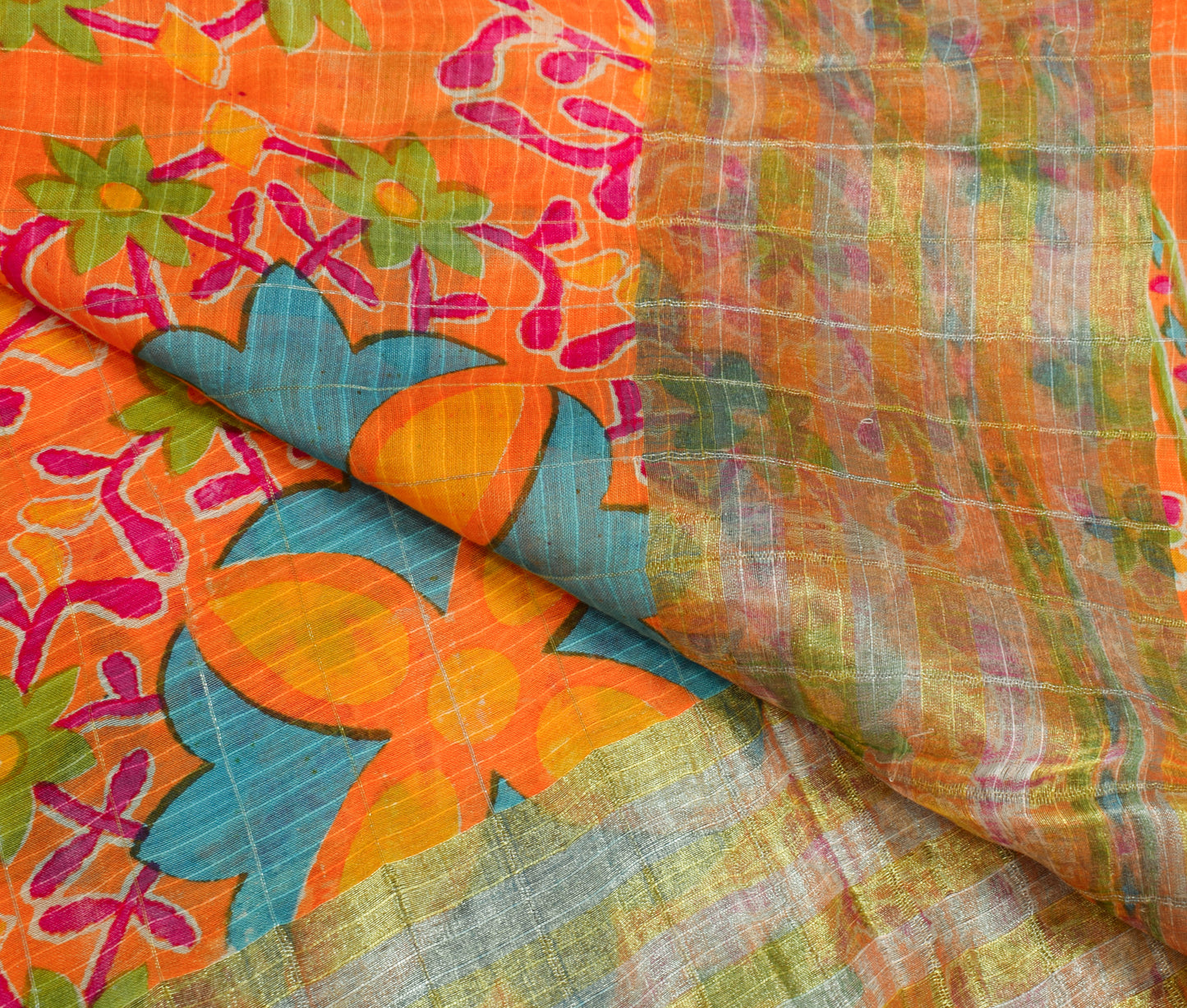 Sushila Vintage Orange Scrap Dupatta Pure Silk Printed Floral Long Stole Wrap