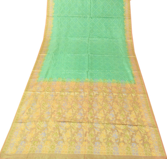 Sushila Vintage Green Saree Pure Tussar Silk Woven Floral Sari 5Yd Craft Fabric