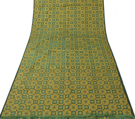 Sushila Vintage Green Saree Organza Hand Beaded Woven HEAVY Sari Craft Fabric