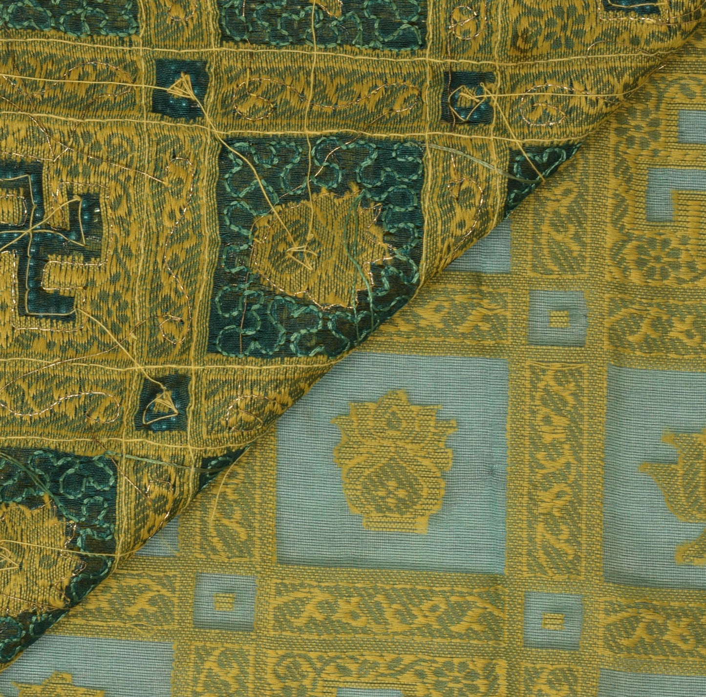 Sushila Vintage Green Saree Organza Hand Beaded Woven HEAVY Sari Craft Fabric