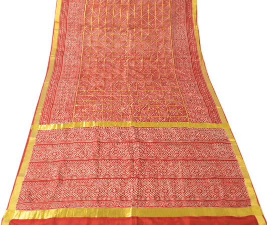 Sushila Vintage Deep Red Bandhani Saree with Gold Zari Border Sari Craft Fabric