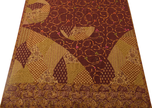 Sushila Vintage Maroon Saree Pure Crepe Silk Printed Hand Embroidered 5YD Fabric