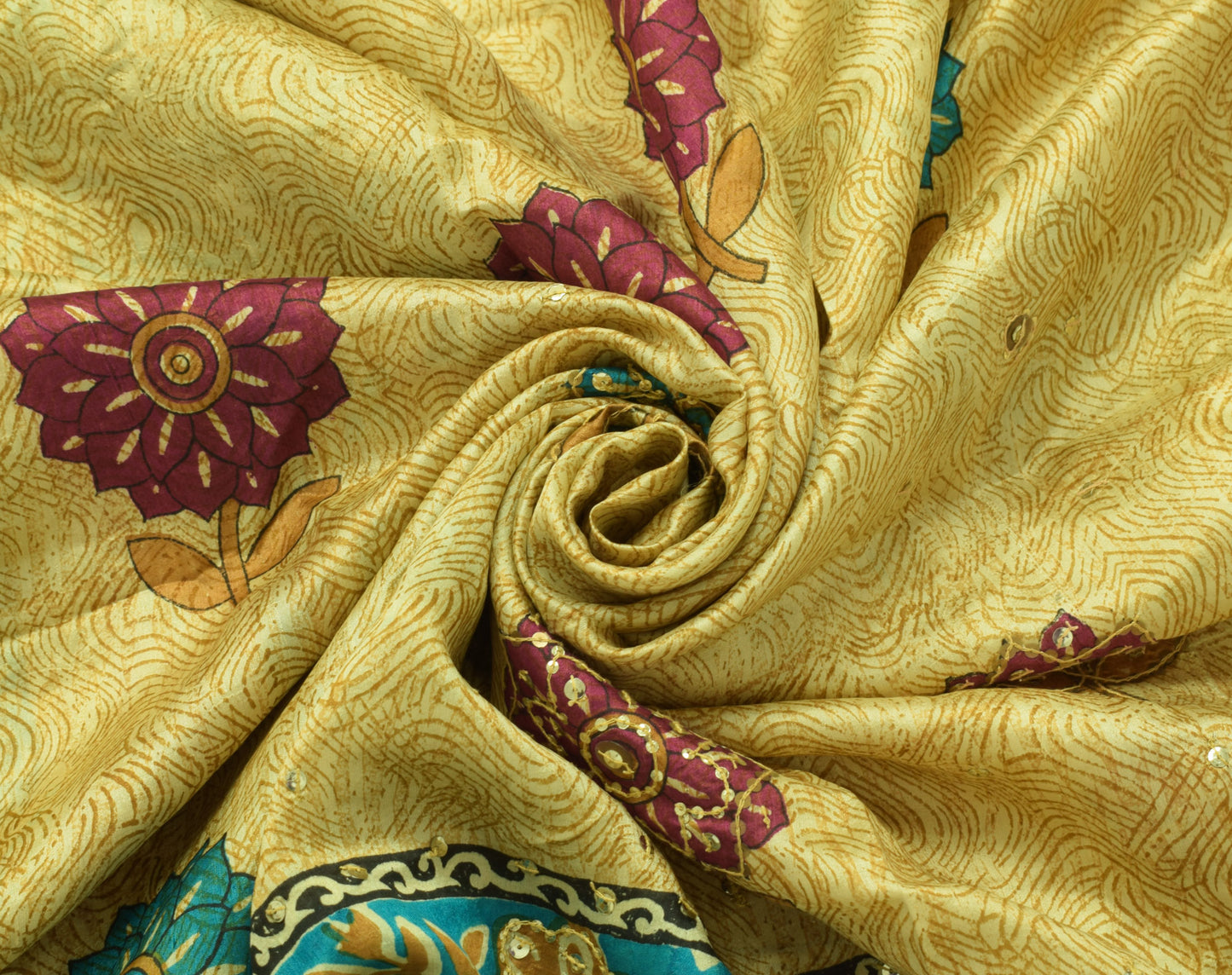 Sushila Vintage Cream Saree 100% Pure Silk Printed Sequins Embroidered 5Y Fabric