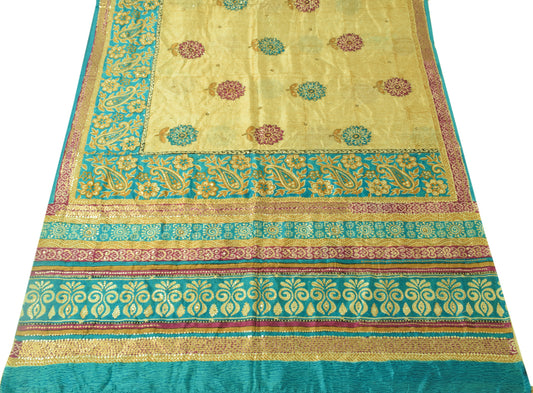 Sushila Vintage Cream Saree 100% Pure Silk Printed Sequins Embroidered 5Y Fabric