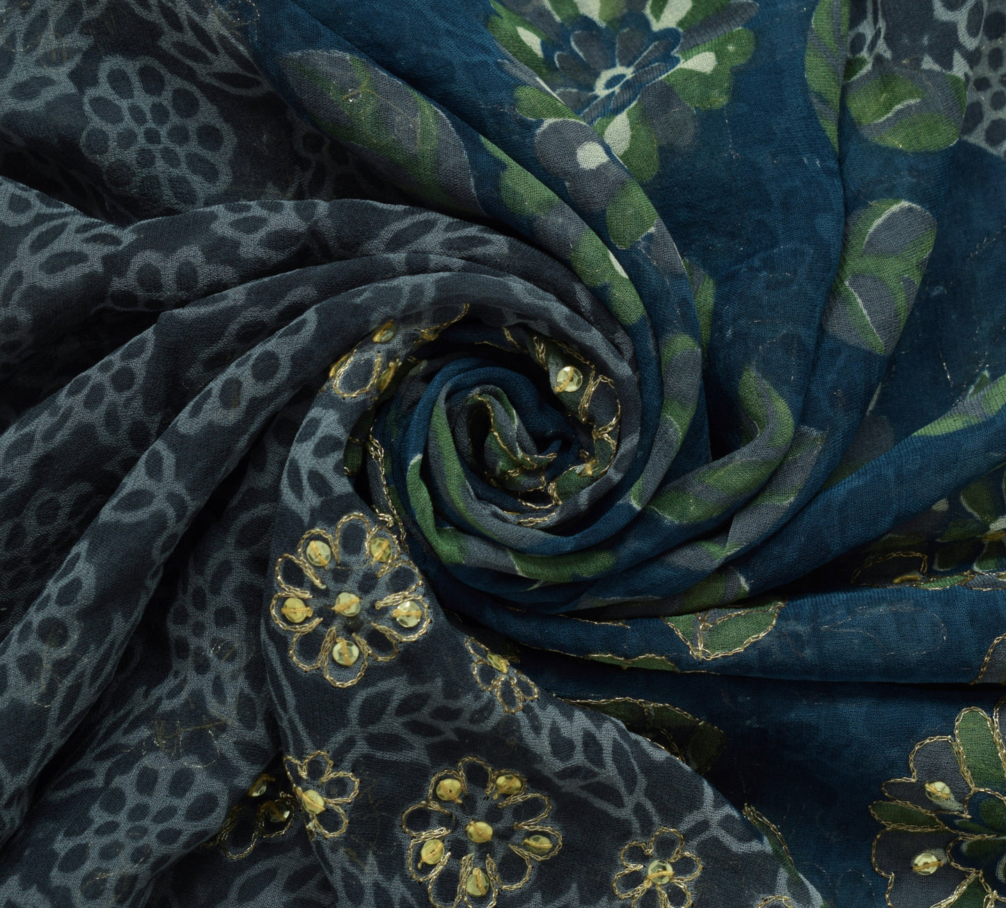 Sushila Vintage Gray Printed Saree Pure Georgette Zari Sequins Embellish Fabric
