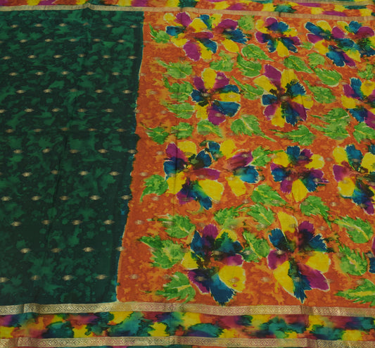 Sushila Vintage Green Tie-Dye Saree Pure Silk Zari Woven Motif Craft Sari Fabric