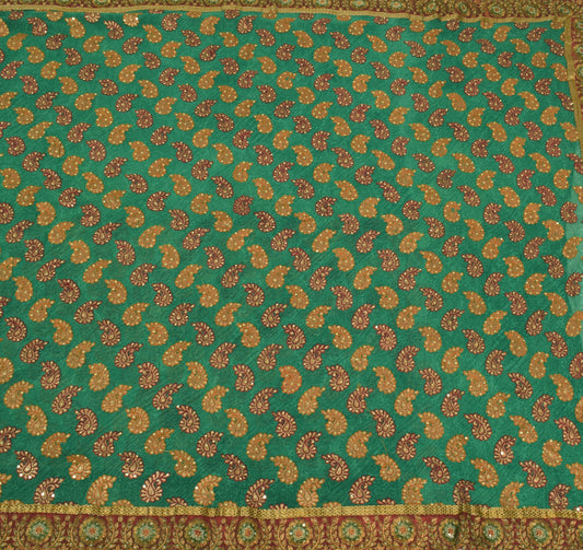 Sushila Vintage Green HEAVY Saree Maroon Border Pure Georgette Embroidered Sari Craft Fabric