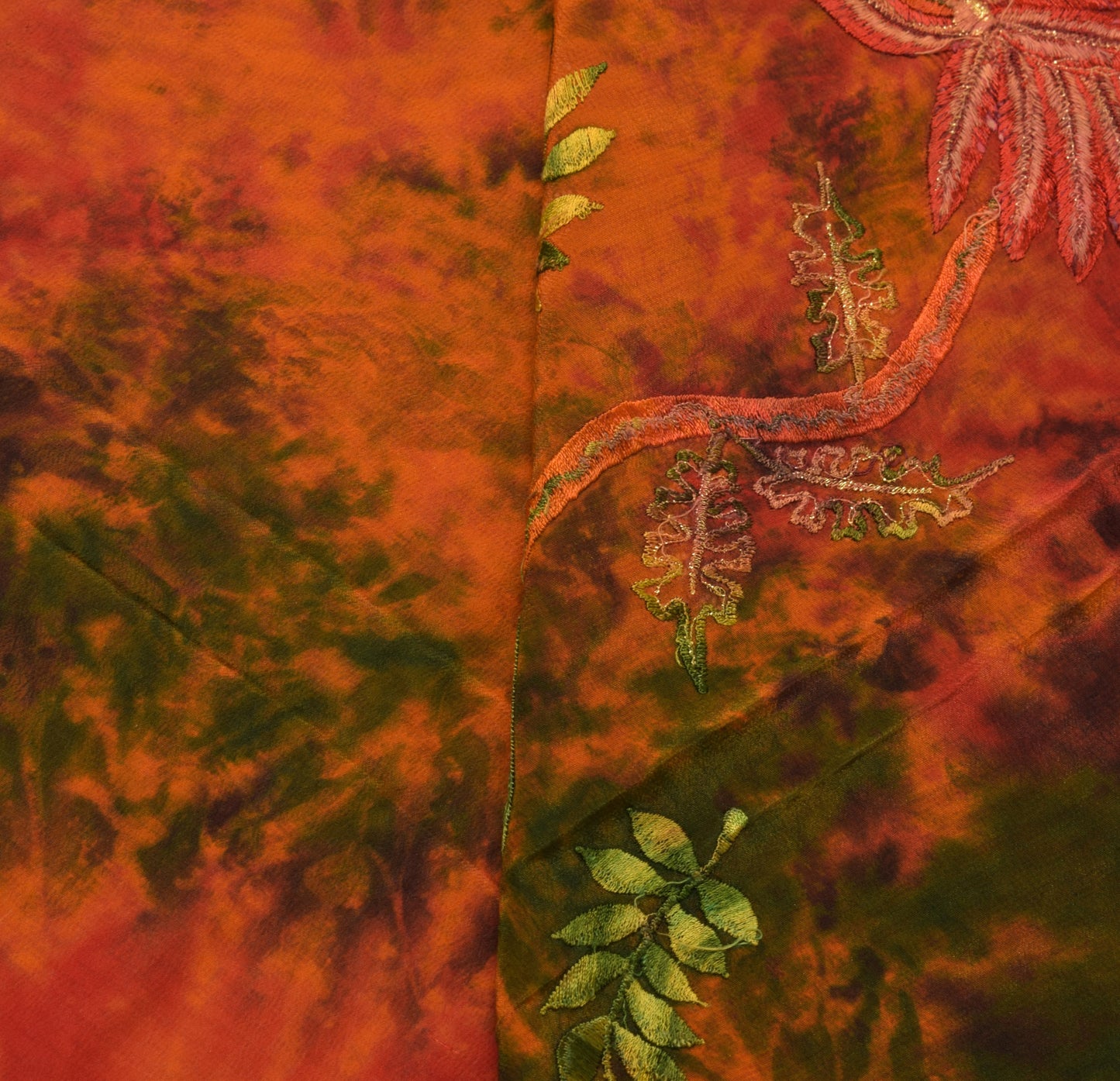 Sushila Vintage Rust Tie-Dye Saree 100% Pure Crepe Silk Embroidered Sari Fabric