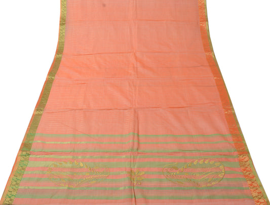 Sushila Vintage Peach Saree Pure Cotton Woven with Green Zari Border Sari Fabric